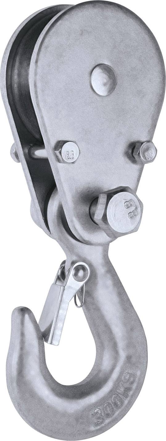 Metal sheave block with hook, used in mechanical engineering or lifting systems, enables change of motion direction and load distribution.