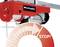 Electric winch against a white background, with a highlighted red section of the device displaying 'STOP!' in white letters.