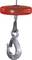 A metal hook hangs from a steel cable, with a red, round protective cover positioned above it.