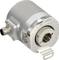 Industrial rotary encoder with silver housing and plug connector, for detecting rotational movements and position in machinery.