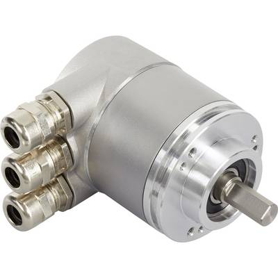 A silver rotary encoder with three connection cables on the left side, suitable for measuring rotational movements in machinery.