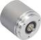 A compact metallic encoder with a cylindrical shape and visible rotational axis on a white surface.