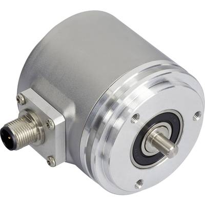 A silver, cylindrical encoder with cable connection and visible shaft stub. Device for determining position and rotational speed.