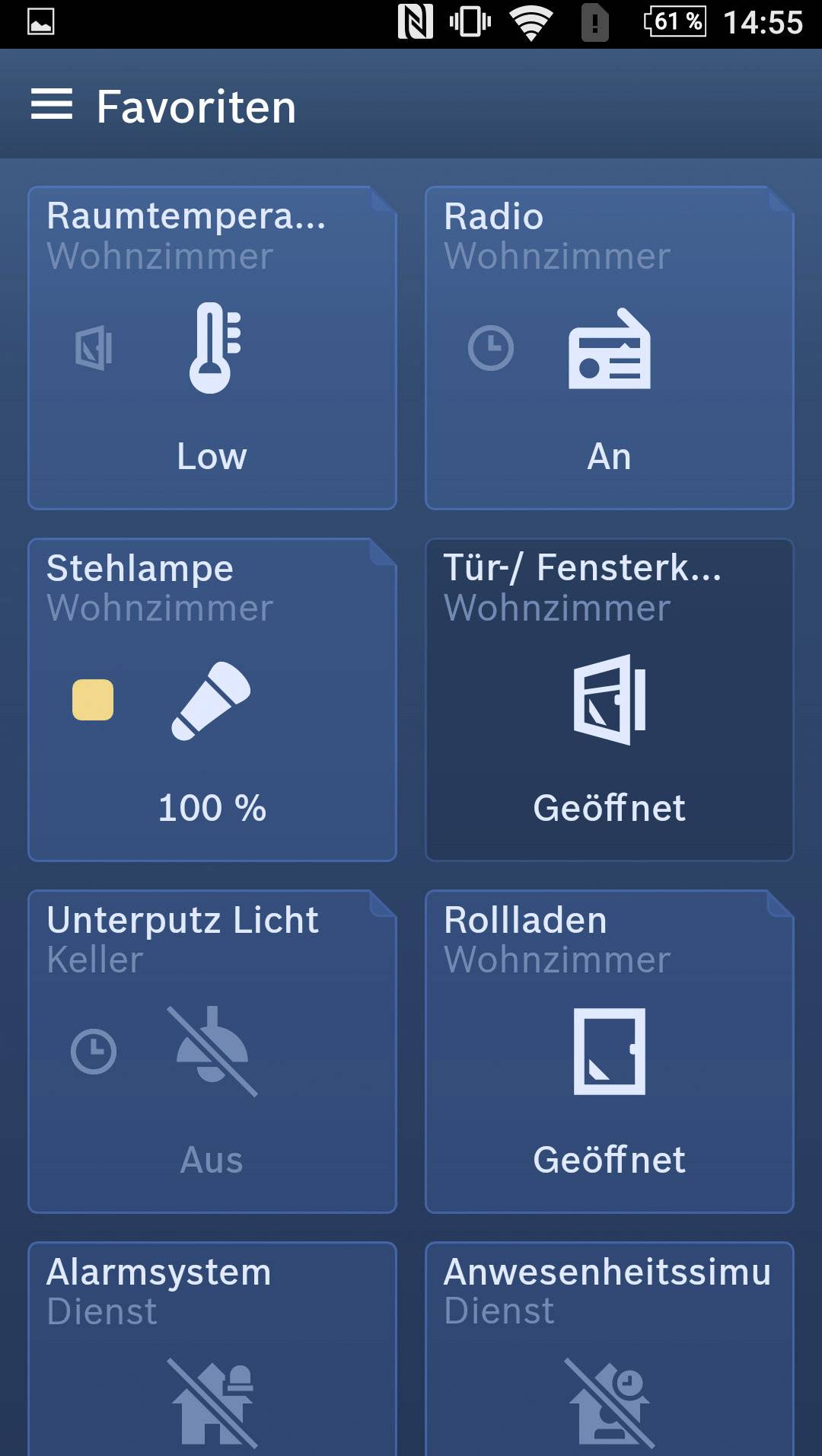 'Smart Home Control: Favourite Displays. Room temperature low, radio on, standard lamp 100%, door/window open, alarm off.'