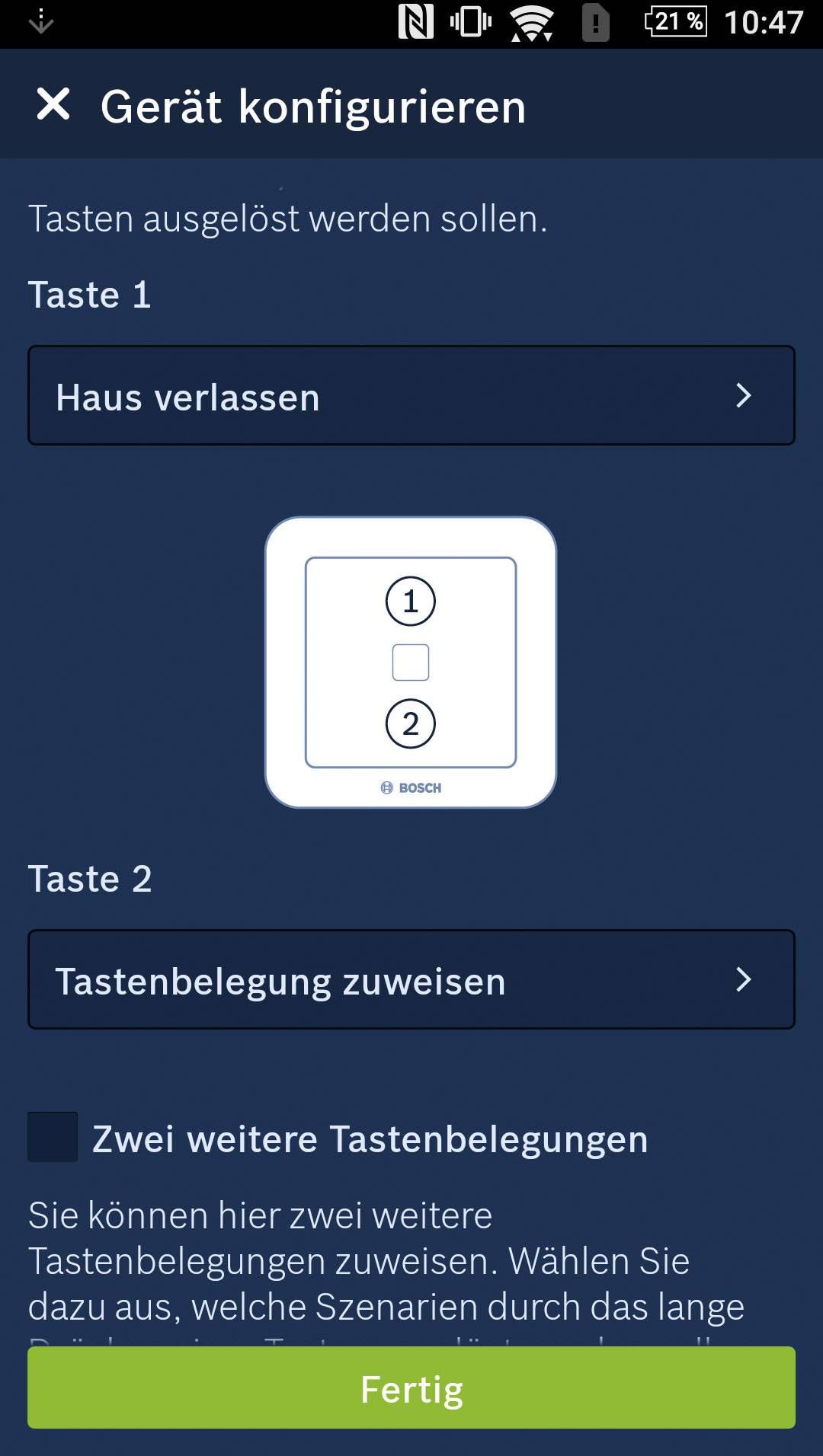 'Configure Device' screen shows two buttons with allocation options. Button 1: 'Leave House', Button 2: 'Assign Button Configuration'.