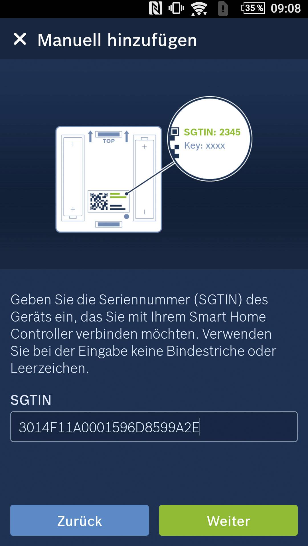 Screen view of an app for manually entering an SGTIN to connect a smart home device. Fields for SGTIN and key are present.