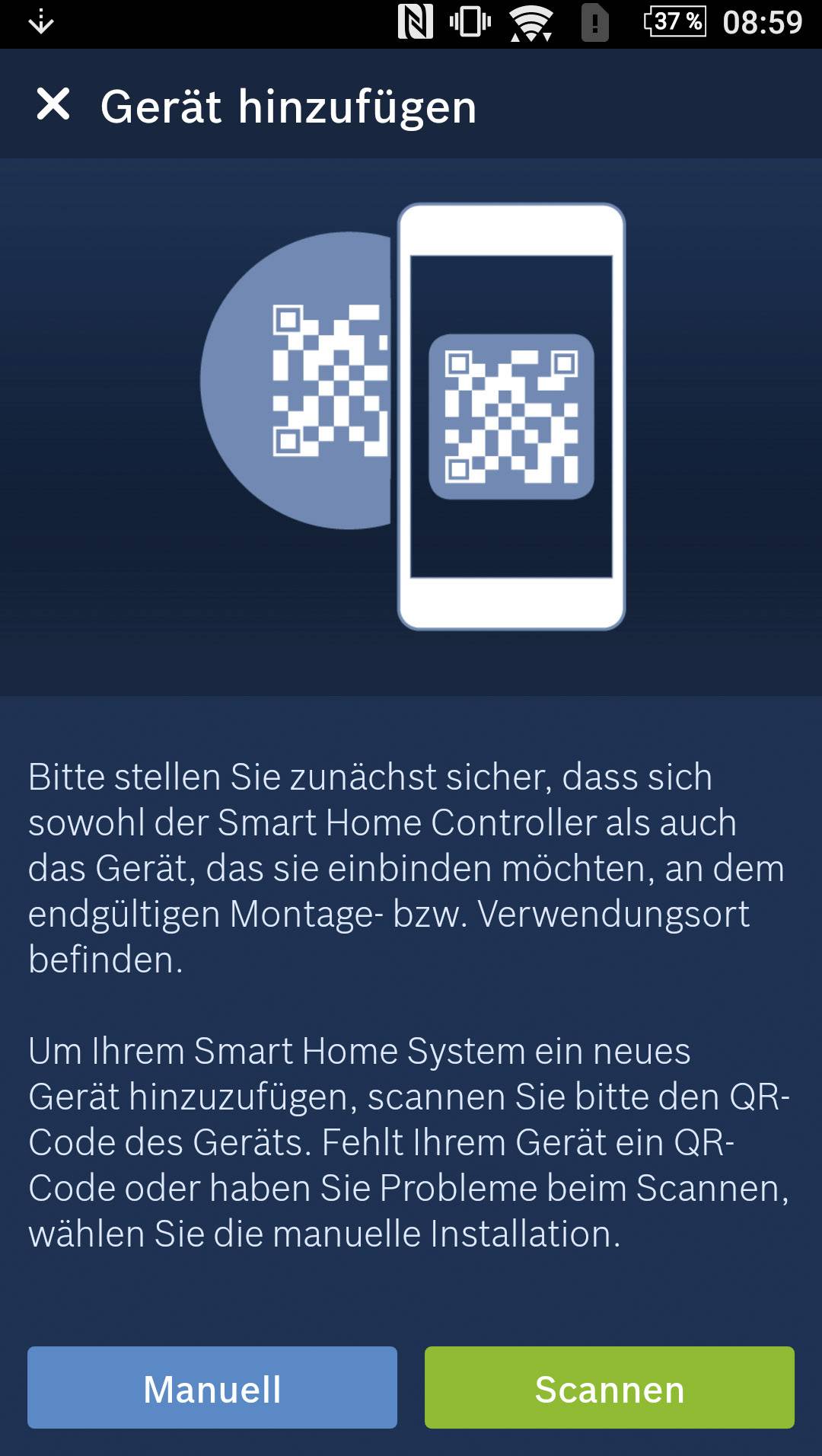 Smartphone screen shows QR code scanner app for adding smart home device. Options: 'Manual' or 'Scan'.