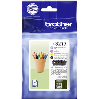 'LC3217 Ink Cartridge' packaging with plant-themed image and printer compatibility list. Displays A4 and up to 550 pages.