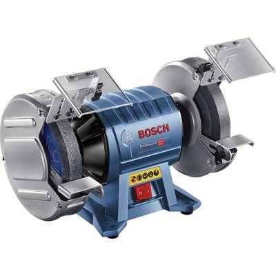 Electric double grinder with blue casing, red operating switches and protective covers over the grinding wheels.