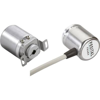 Two silver cylindrical sensors, one with a visible shaft and screw holes, the other with a cable connection. Text: 'POSITAL FRABA'.