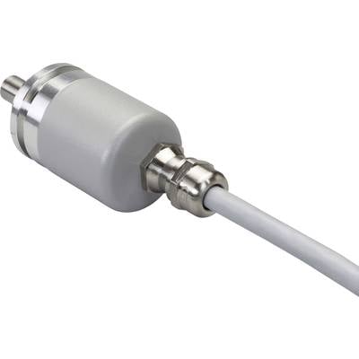 Grey, cylindrical connector with cable. The connector has a metal housing and is attached to a white cable.