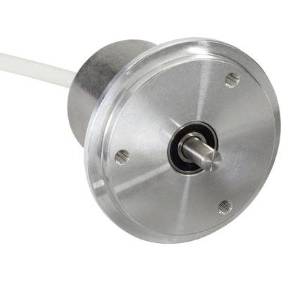 A silver metal flange with a circular housing and a central rotating shaft. A cable is connected at the rear.