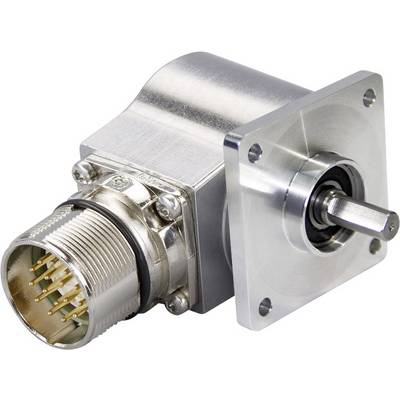 A metallic industrial rotary encoder with a cylindrical connector plug and a protruding shaft.