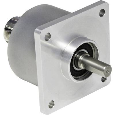 An industrial encoder in silver colour with a metal housing and shaft, used for precise position or speed measurement.