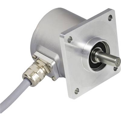 A silver encoder with a rectangular mounting plate and cable connection, used for precise position measurement in machinery.