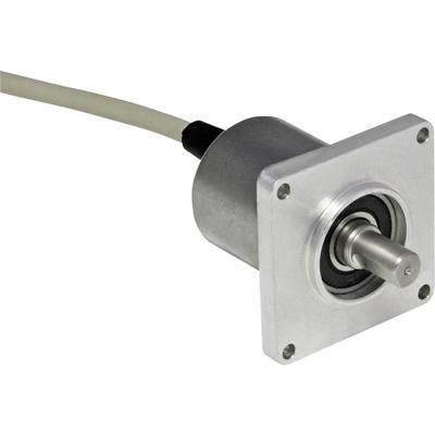 Compact rotary encoder with metal housing and connection cable, suitable for precise angle measurement in machinery.