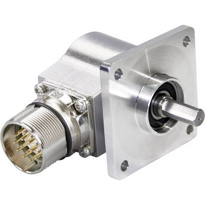 Metallic sensor with connecting pins and rotary shaft, mounted on a rectangular plate. Used in technical equipment.