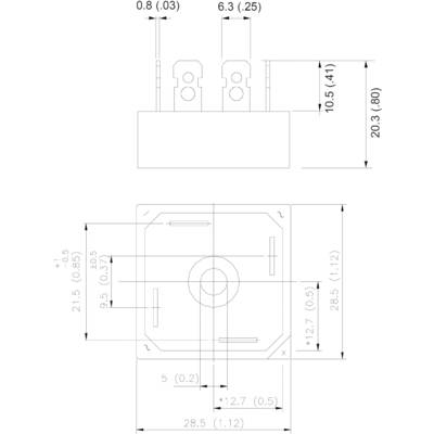 Technical drawing of a square component with dimensions in millimetres, showing front and top views with key measurements.