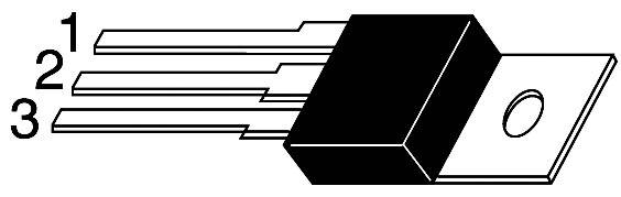 A transistor with three terminals: 1, 2 and 3. Rectangular black body with metal tab and mounting hole.