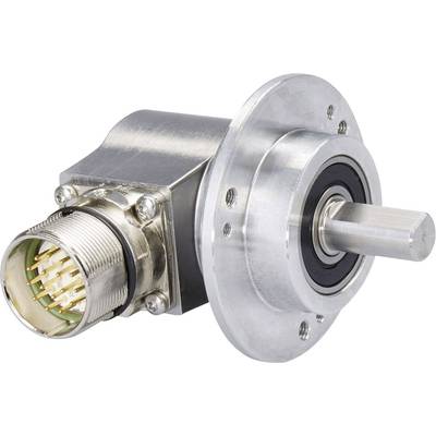A silver, cylindrical rotary encoder with cable connection. It is used to measure rotational movement in machines.