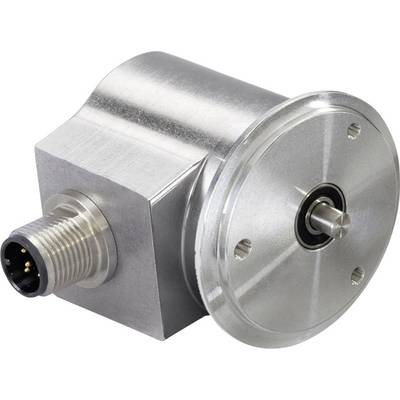 A silver, cylindrical metal encoder with a socket connection on the left side and a central rotating axis on the right.