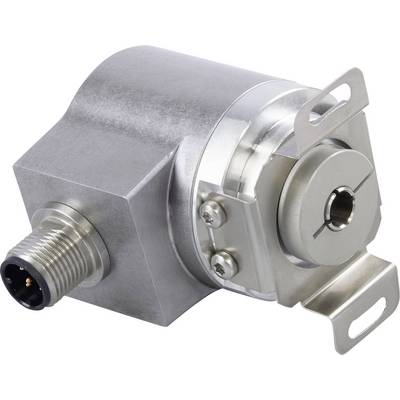 A silver industrial sensor or rotary encoder with a cylindrical housing, side-mounted connector and mounting bracket.