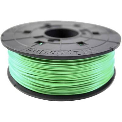 A spool of green filament for a 3D printer. The spool is black and the filament is wound evenly around it.