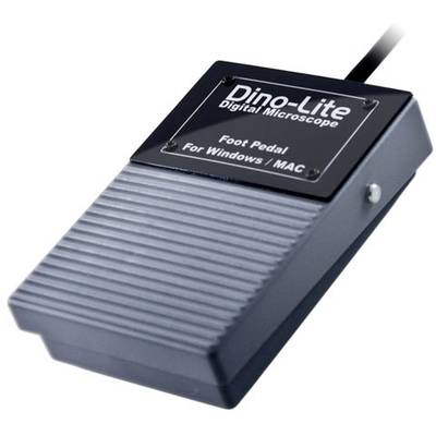 A foot pedal for a digital microscope, compatible with Windows and Mac, bears the inscription 'Dino-Lite Digital Microscope'.