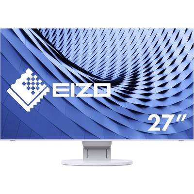 A 27-inch Eizo monitor with a geometric, blue background pattern on the screen.