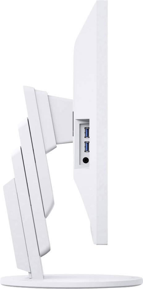 Side view of a white computer monitor with two visible USB ports, slim design and adjustable stand.