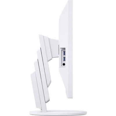 Side view of a white computer monitor with two visible USB ports, slim design and adjustable stand.