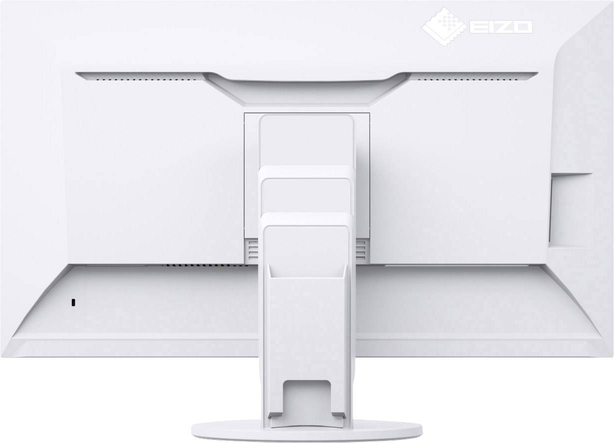 Back of a white computer monitor with the EIZO logo in the top right corner. Monitor stand in the centre.