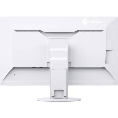 Back of a white computer monitor with the EIZO logo in the top right corner. Monitor stand in the centre.