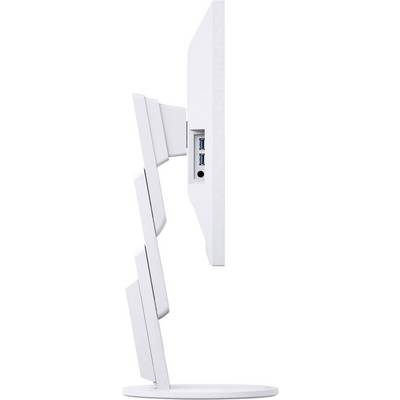 A white computer monitor shown from the side, with two USB ports and a headphone socket on the side of the monitor stand.