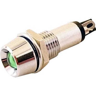 'Circular green illuminated indicator with metal housing and thread for device installation, used for status indication or as a control light.'
