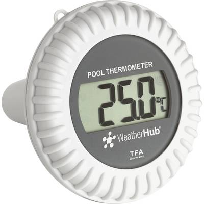 Digital pool thermometer showing '25.0 °C'. Round white casing with grey display. Brand 'WeatherHub', manufactured by TFA Deutschland.