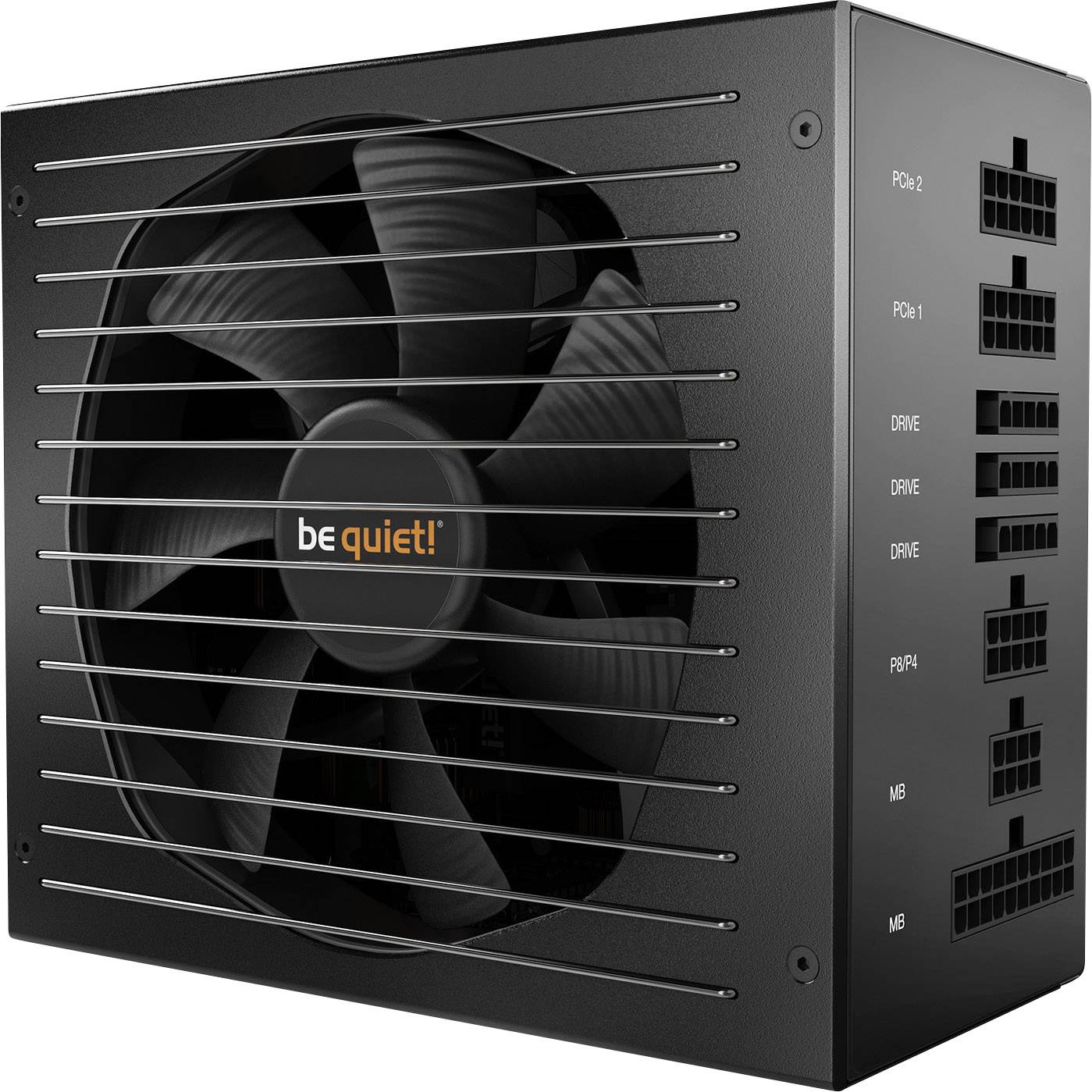 A black computer power supply with a fan and multiple connections. Label: 'be quiet!'. Suitable for high-performance PCs.