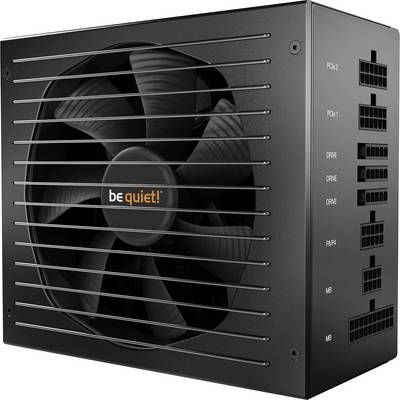 A black computer power supply with a fan and multiple connections. Label: 'be quiet!'. Suitable for high-performance PCs.