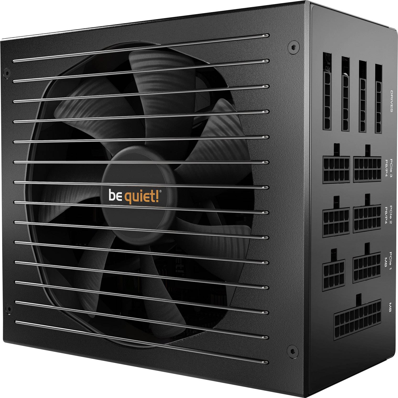 Black PC power supply with a fan and multiple connection sockets on the side. 'Be quiet!' marking in the centre of the fan.