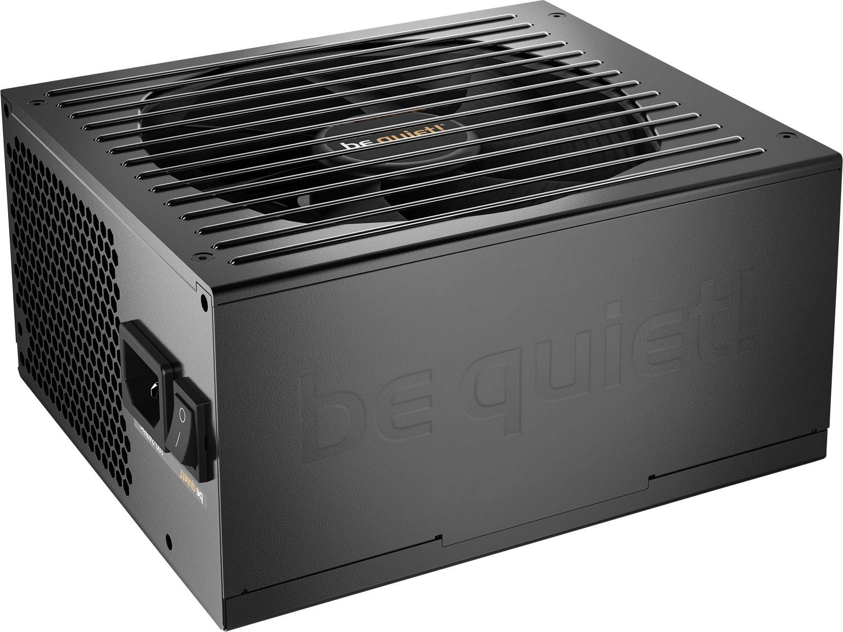 Black computer power supply unit with fan on top and switch at the rear, 'be quiet!' brand logo visible.