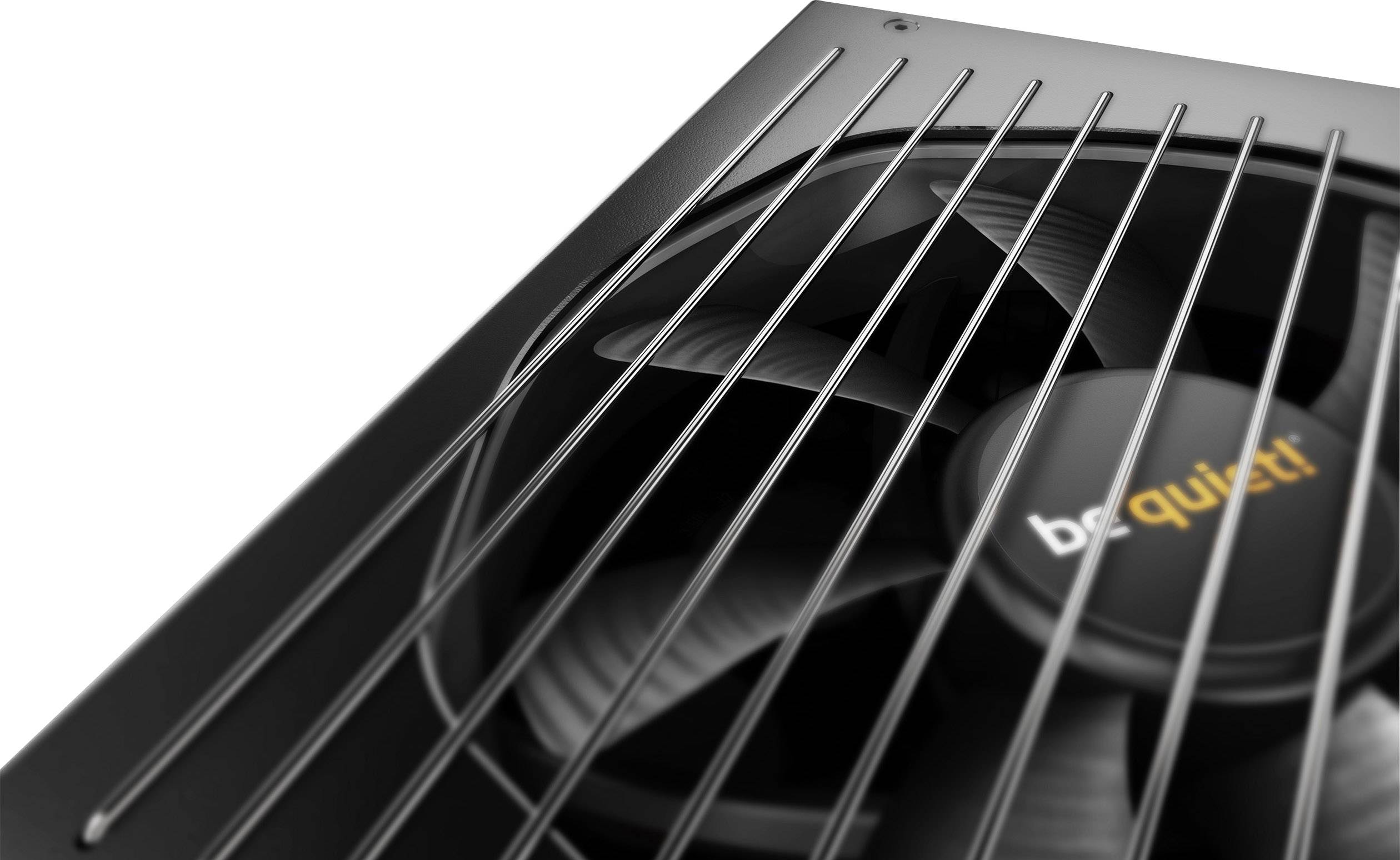 A black computer fan with the brand name on the cover, surrounded by grilles to protect the rotor blades.