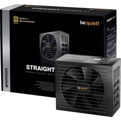 Power supply unit and packaging for the 'be quiet! Straight Power 11' with 80 Plus Gold certification, renowned for quiet operation.