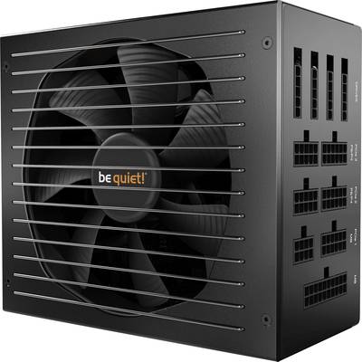 A black PC power supply with a large fan and multiple connection options. The brand name 'be quiet!' is visible.