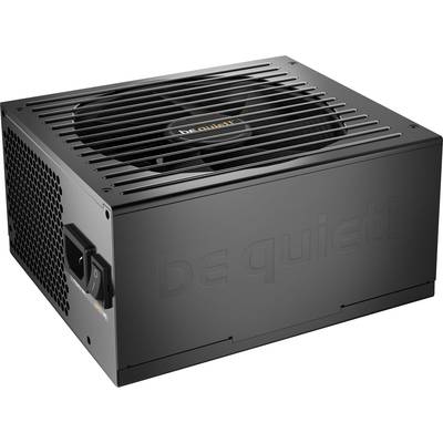 Black computer power supply unit with fan and 'be quiet!' lettering. Ventilation grilles and power switch are clearly visible on the side.