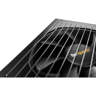 A black computer fan with the 'be quiet!' trademark on the cover. The fan has vertical grille bars for ventilation.