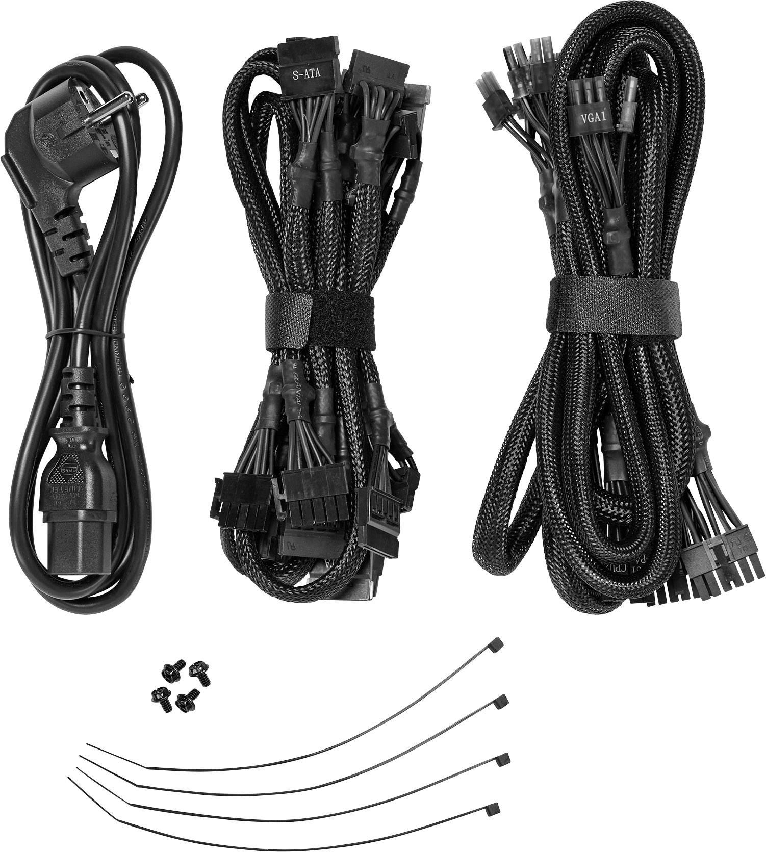 'Three different cable sets and six cable ties: a power cable, SATA cable and VGA cable, together with four small screws.'