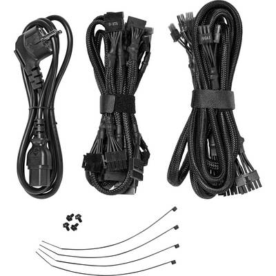 'Three different cable sets and six cable ties: a power cable, SATA cable and VGA cable, together with four small screws.'