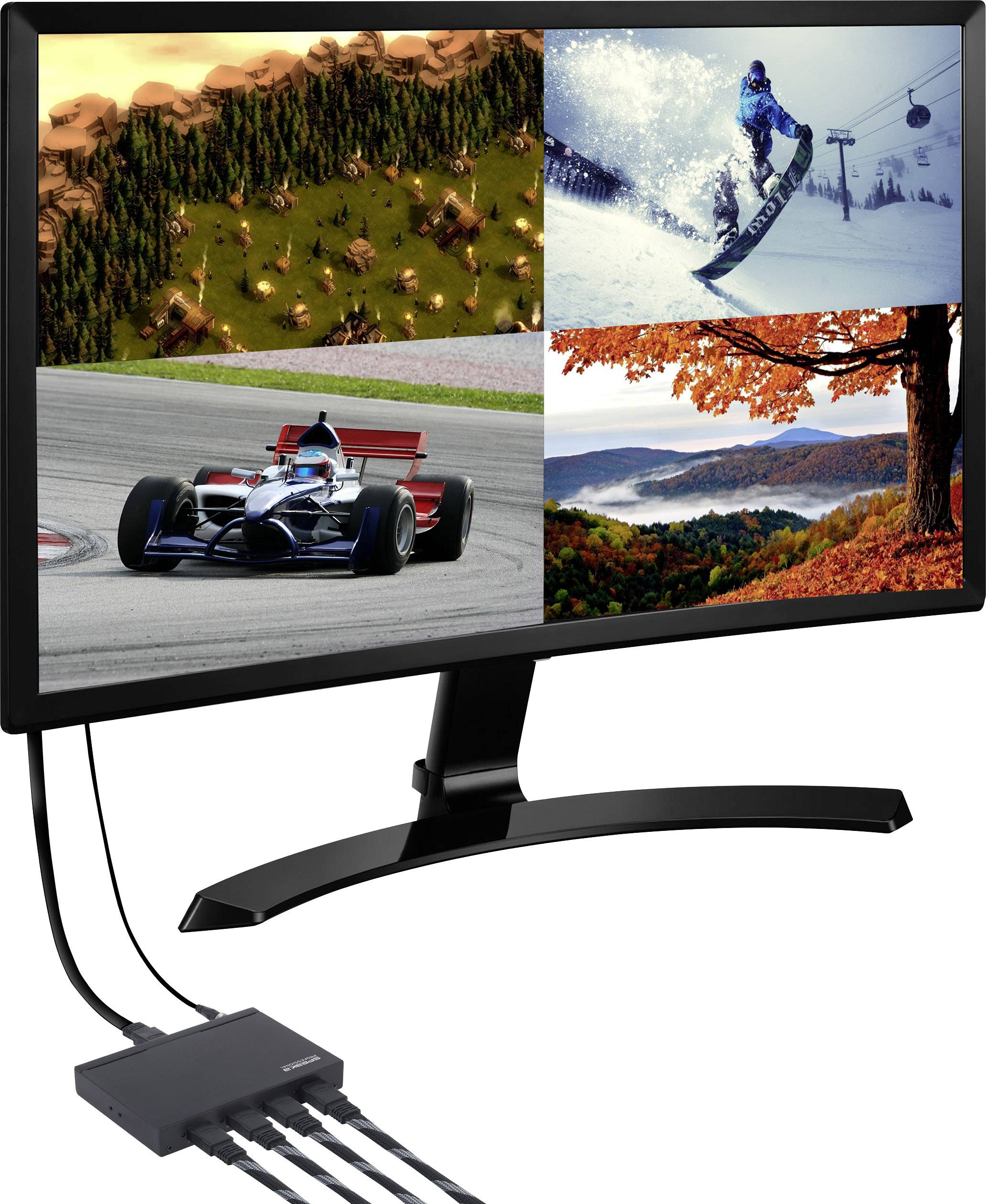A monitor displays four images: a village in the countryside, a snowboarder, a racing car on the track, and an autumnal landscape.