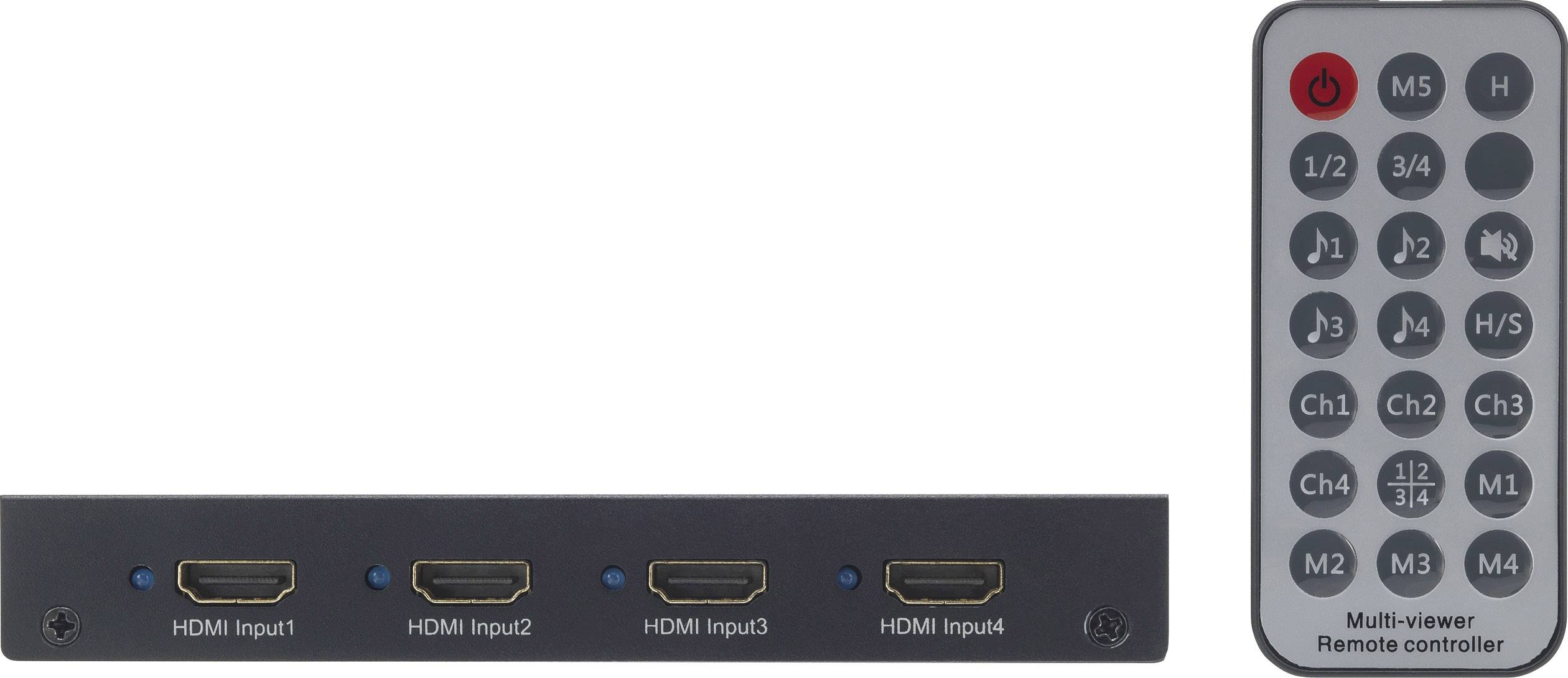 A 4-input HDMI switch with accompanying remote control. At the top: power button and buttons for selecting HDMI channels.