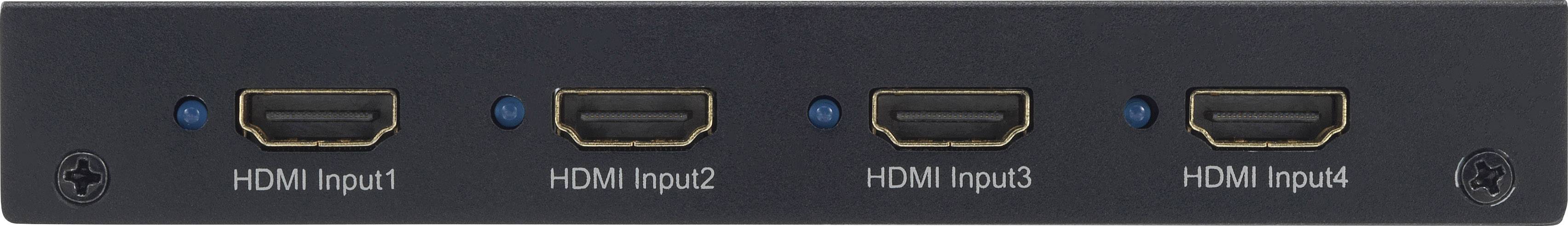 Four HDMI inputs on a black device, labelled as 'HDMI Input 1', 'HDMI Input 2', 'HDMI Input 3' and 'HDMI Input 4'.